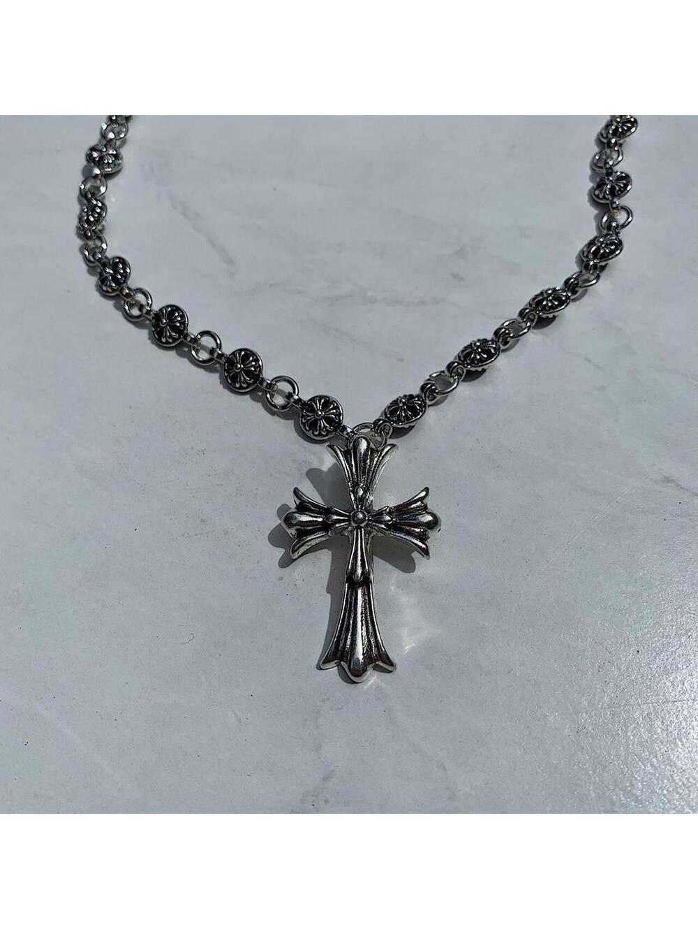 Grunge Cyber y2k silver gothic cross long necklace chain. 24 inches length